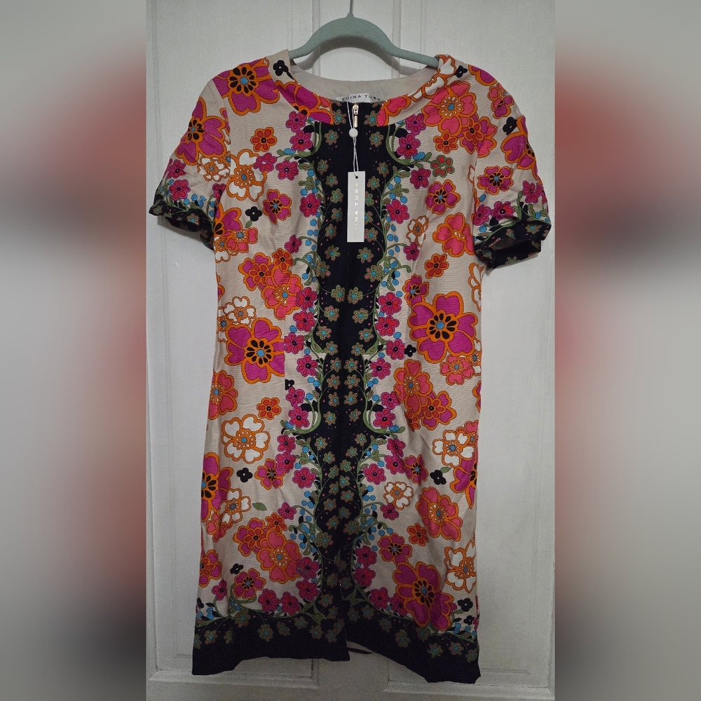 Trina Turk Pink Floral Mini Dress with Navy Trim - Picture 4 of 5